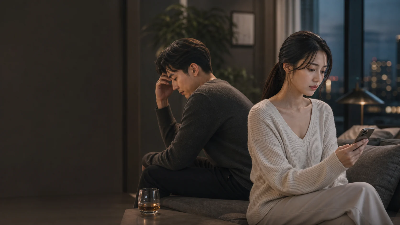 互いに背を向け複雑な恋に悩む男女