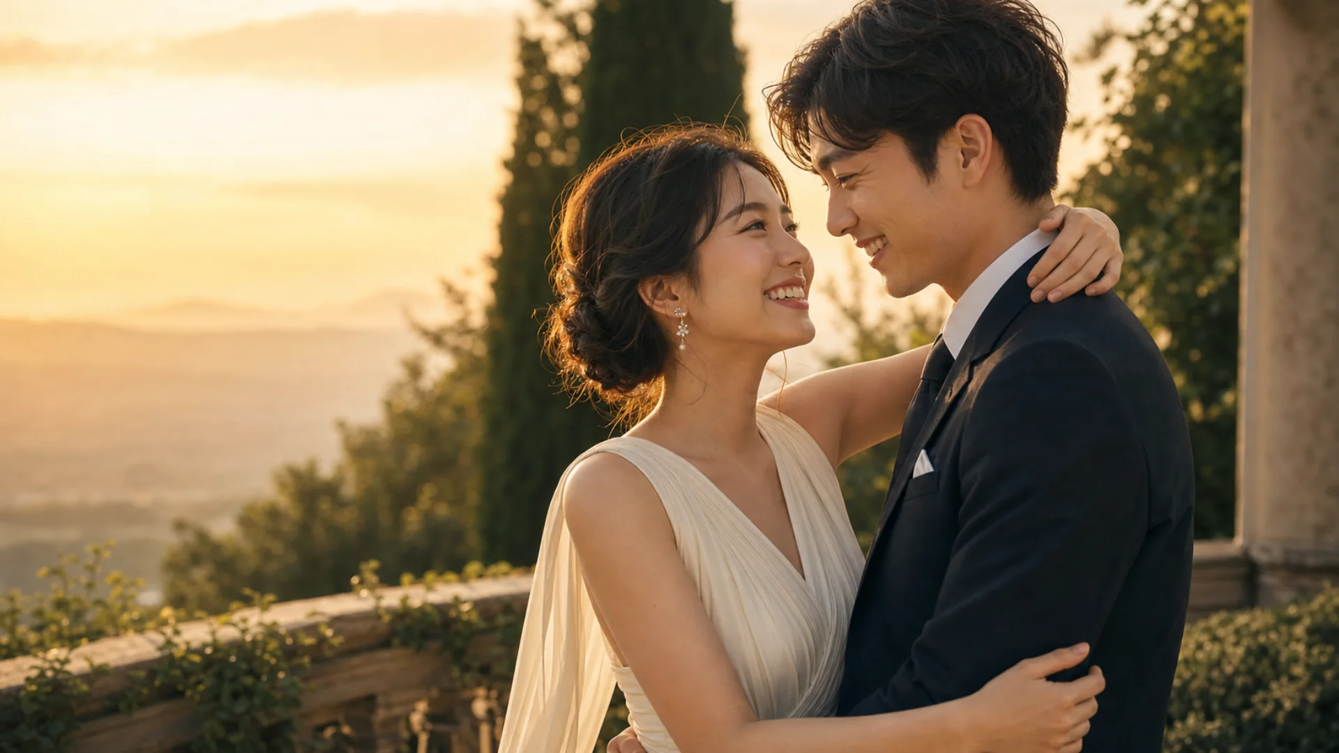 ドレス姿で幸せそうに抱き合い見つめ合う20代のカップル
