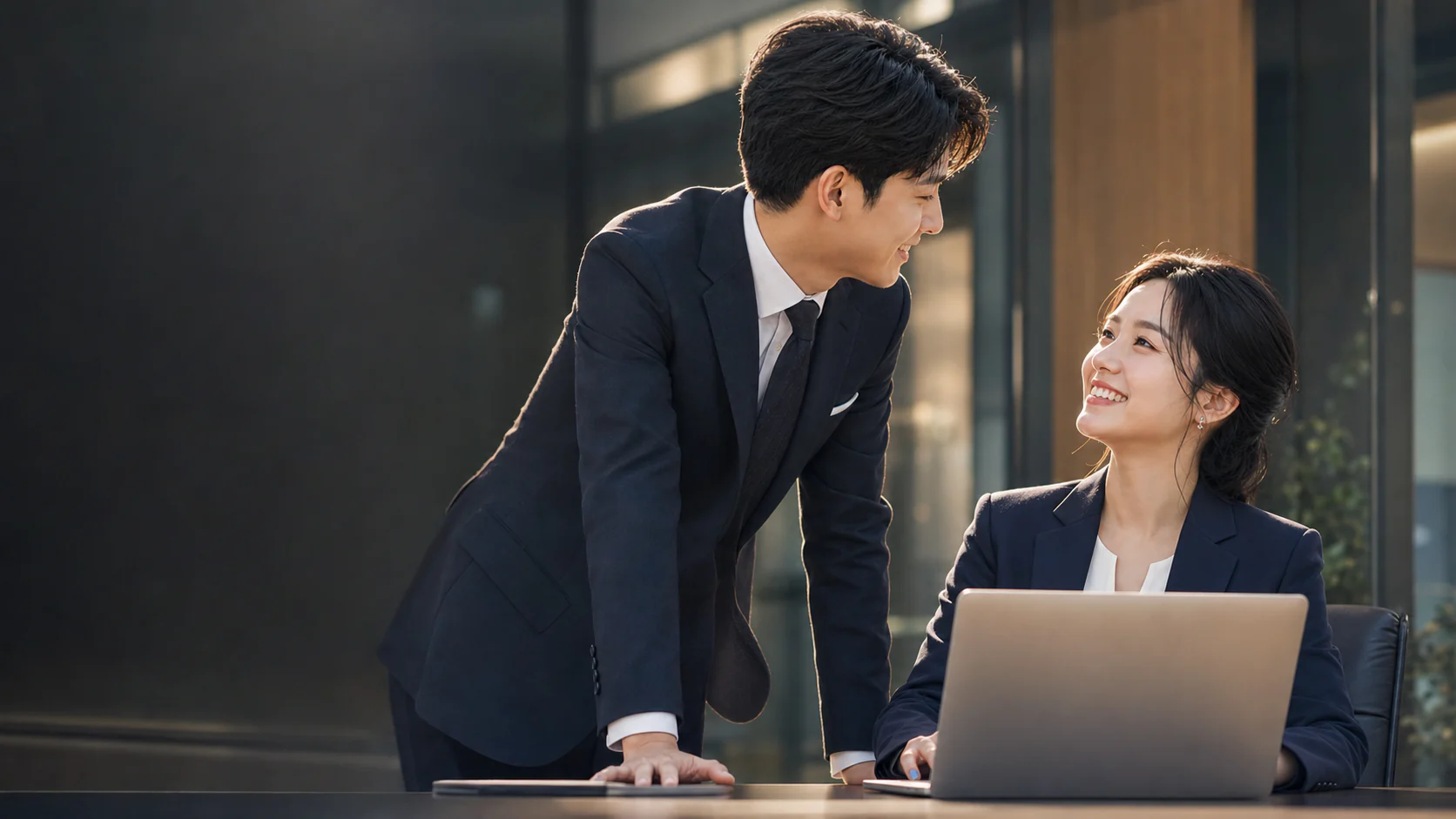 オフィスで仕事を教える男性とパソコンを操作する女性