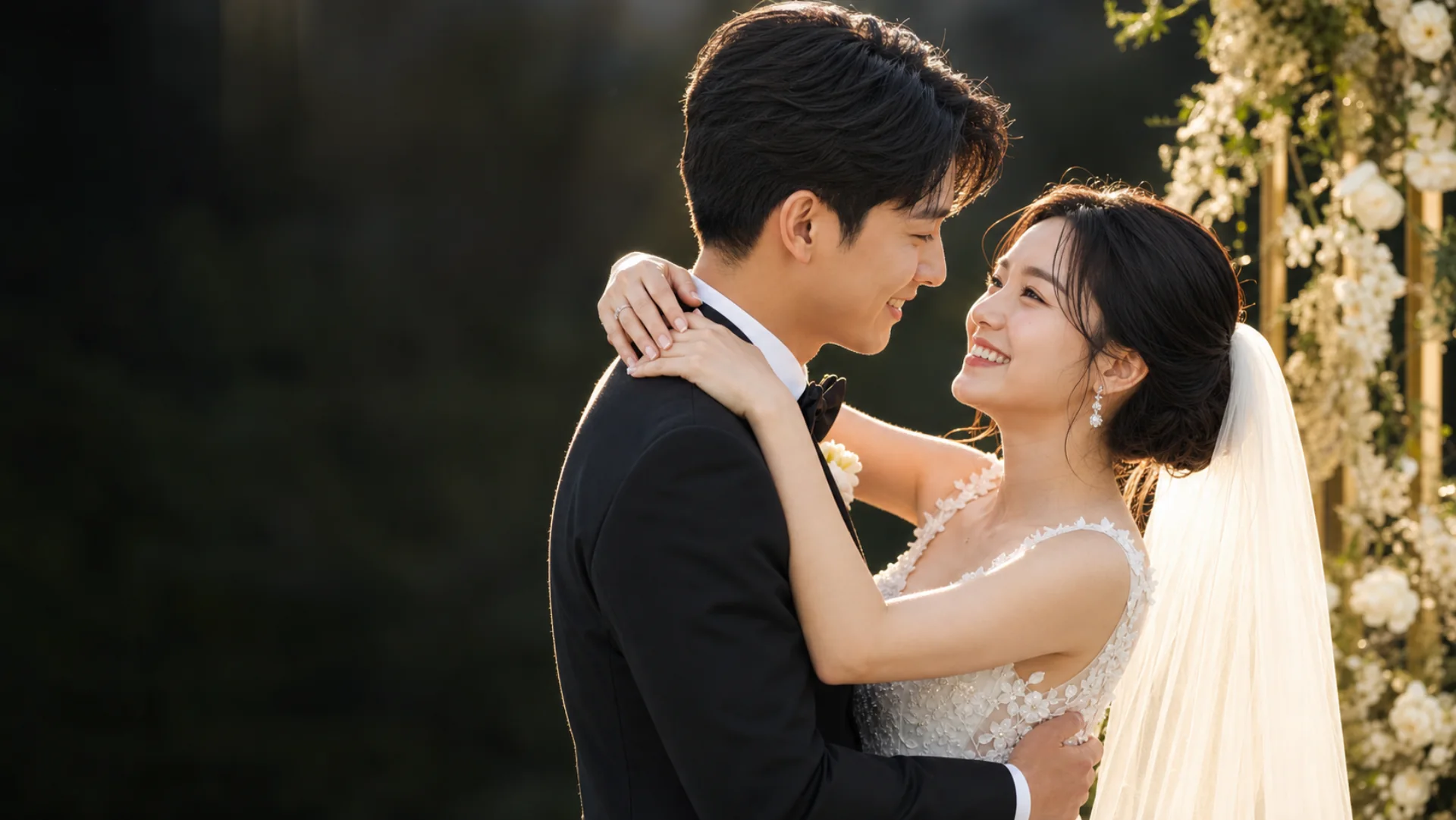 結婚式で幸せそうに見つめ合うツインレイの男女